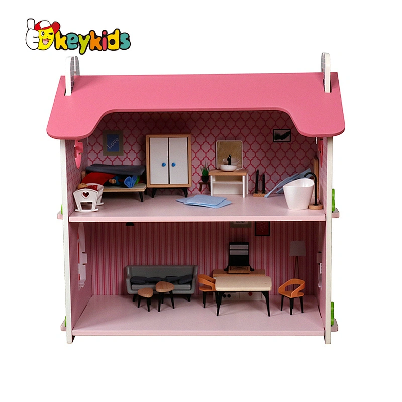 Factory Customize pink miniature wooden doll house for girls W06A424