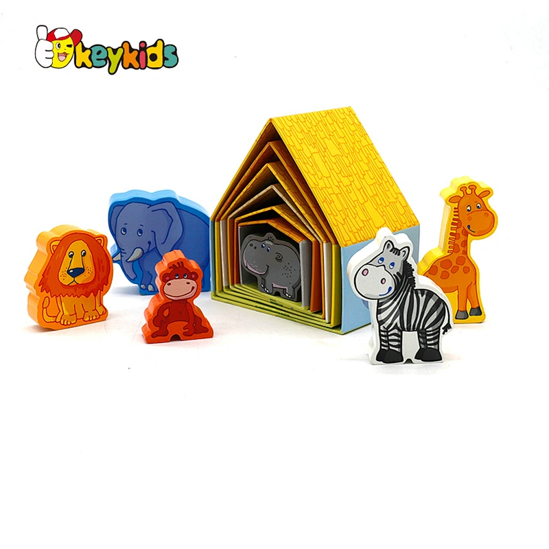 Customized Preschool Wooden Animal Blocks With House W13D342