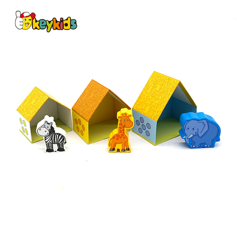 Customized Preschool Wooden Animal Blocks With House W13D342