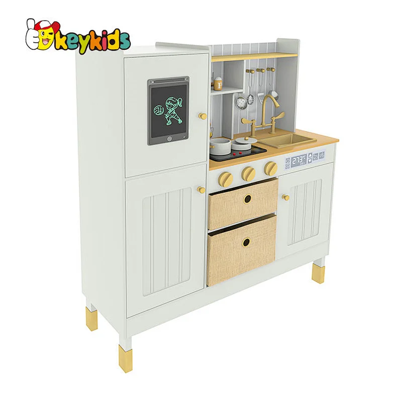 Children large pretend cooking wooden toy kitchen with fridge W10C692