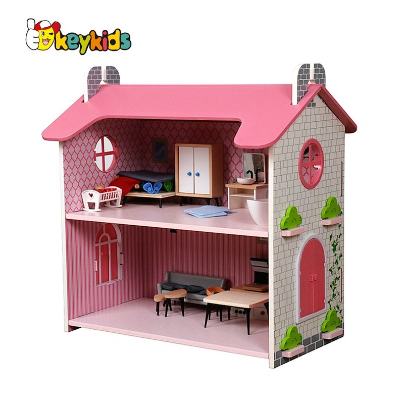 Factory Customize pink miniature wooden doll house for girls W06A424