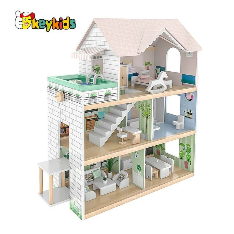 Factory Customize girls miniature wooden doll house with elevator W06A470