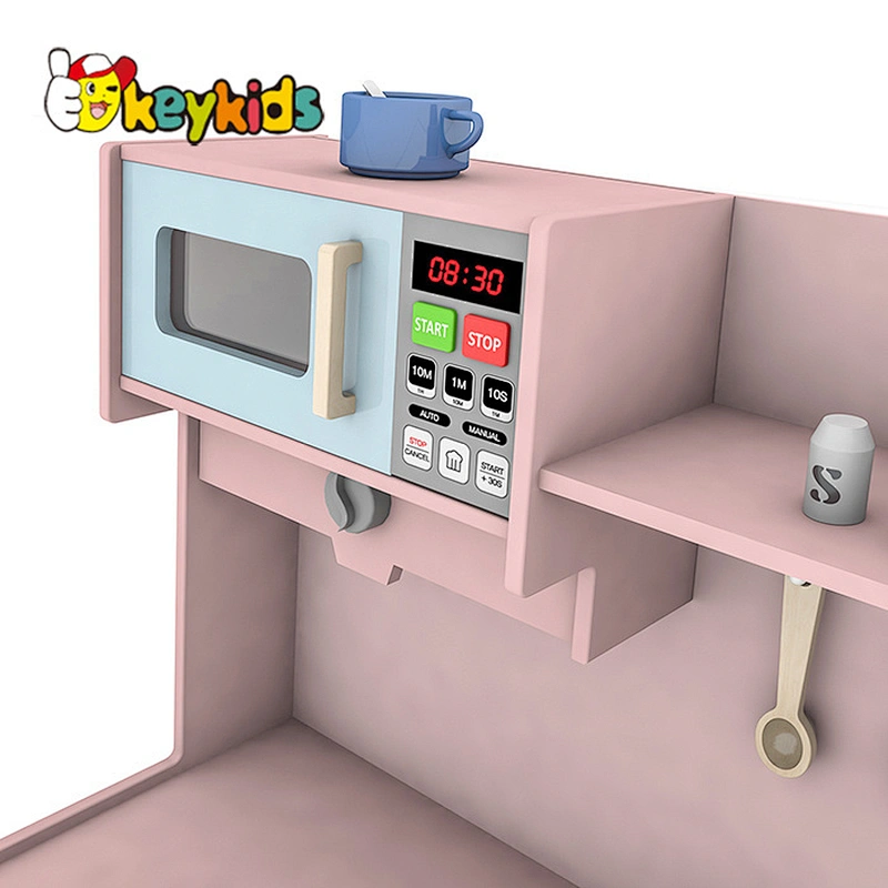 Customize pretend play big wooden pink kitchen set with elections function W10C668
