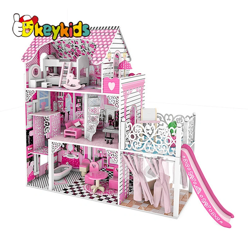 Classic girls miniatures doll furniture LED wooden dollhouse with slide W06A442