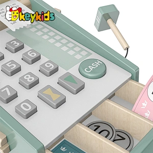 New design kids pretend play wooden toy cash register with scanner and receipt W10A129
