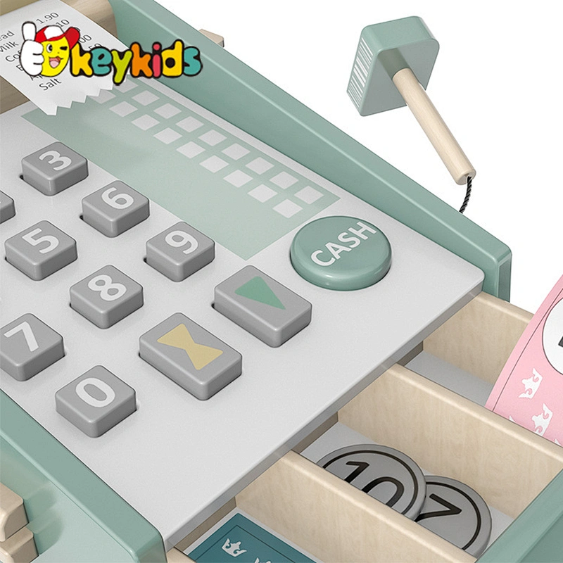 New design kids pretend play wooden toy cash register with scanner and receipt W10A129