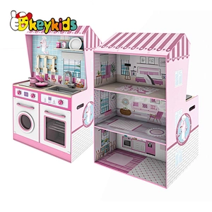 New design double sides wooden 2 in 1 dollhouse and kitchen toy for children pretend play W06A444