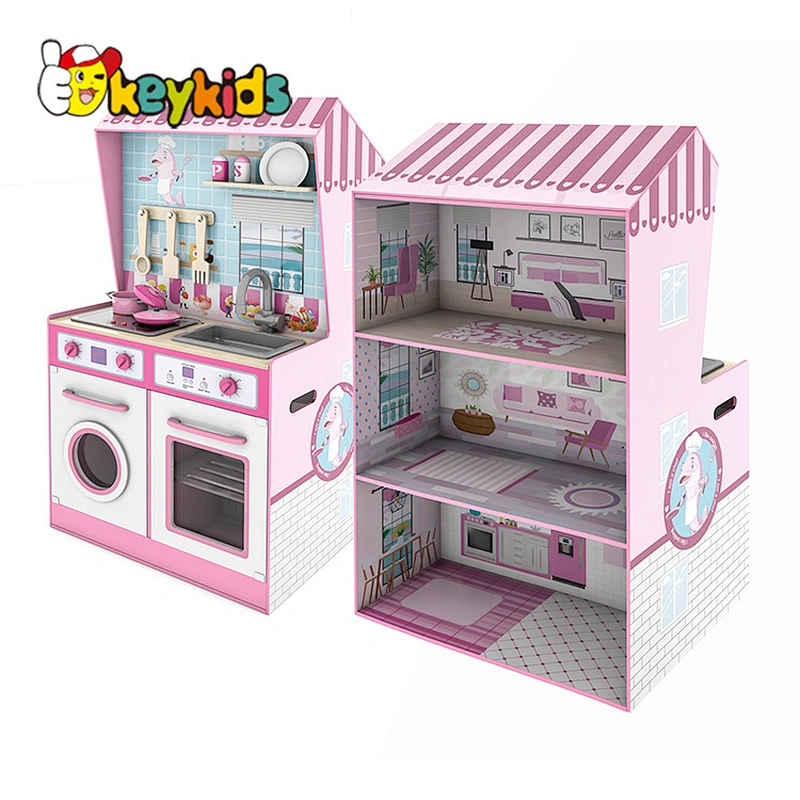 New design double sides wooden 2 in 1 dollhouse and kitchen toy for children pretend play W06A444