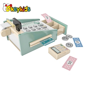 New design kids pretend play wooden toy cash register with scanner and receipt W10A129