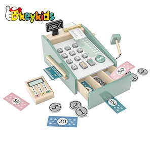 New design kids pretend play wooden toy cash register with scanner and receipt W10A129