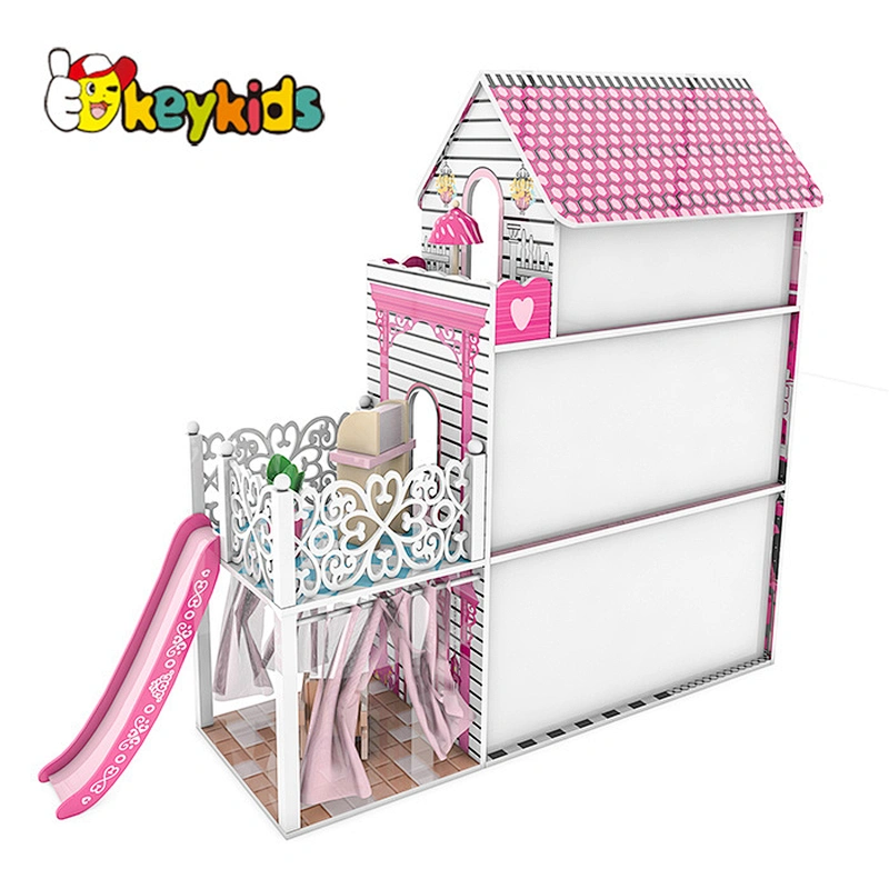 Classic girls miniatures doll furniture LED wooden dollhouse with slide W06A442