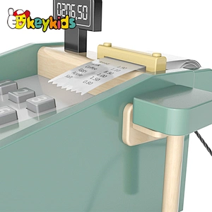 New design kids pretend play wooden toy cash register with scanner and receipt W10A129