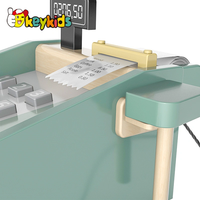 New design kids pretend play wooden toy cash register with scanner and receipt W10A129