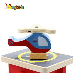 Customize children preschool wooden car parking lot toy with Elevator, Cars and Helicopter W04B110