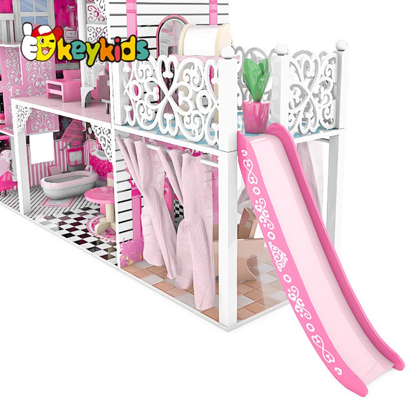 Classic girls miniatures doll furniture LED wooden dollhouse with slide W06A442