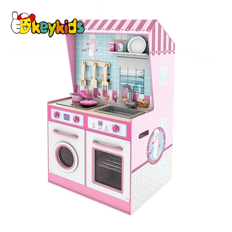 New design double sides wooden 2 in 1 dollhouse and kitchen toy for children pretend play W06A444