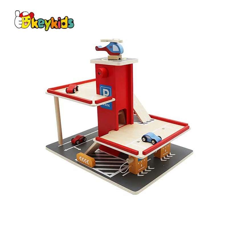 Customize children preschool wooden car parking lot toy with Elevator, Cars and Helicopter W04B110