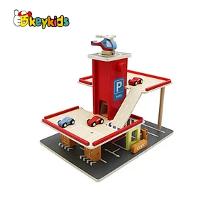 Customize children preschool wooden car parking lot toy with Elevator, Cars and Helicopter W04B110