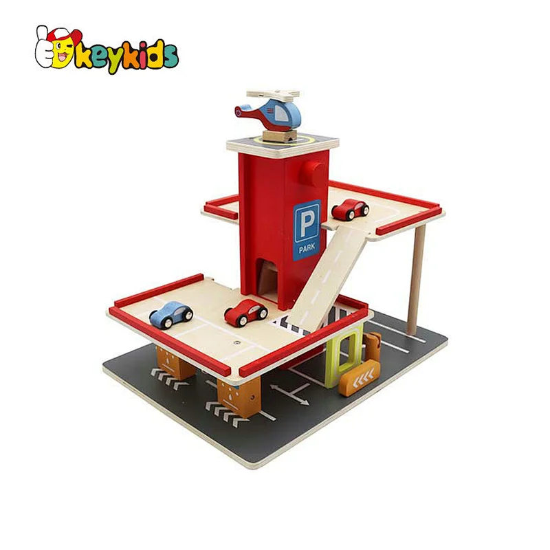 Customize children preschool wooden car parking lot toy with Elevator, Cars and Helicopter W04B110