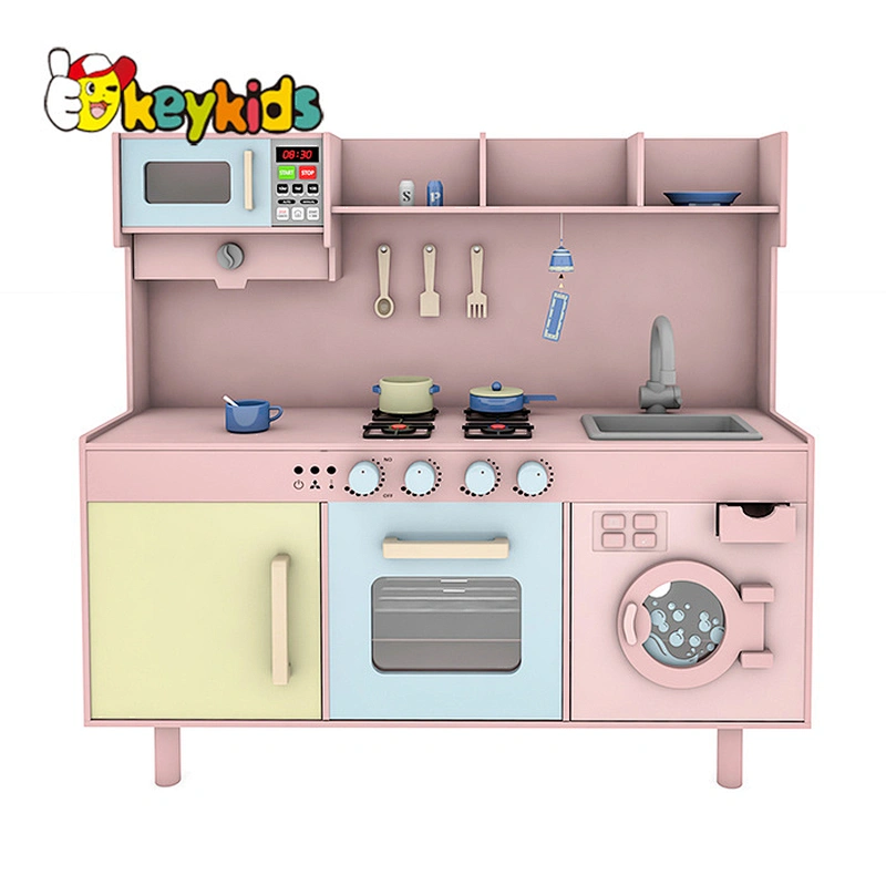 Customize pretend play big wooden pink kitchen set with elections function W10C668