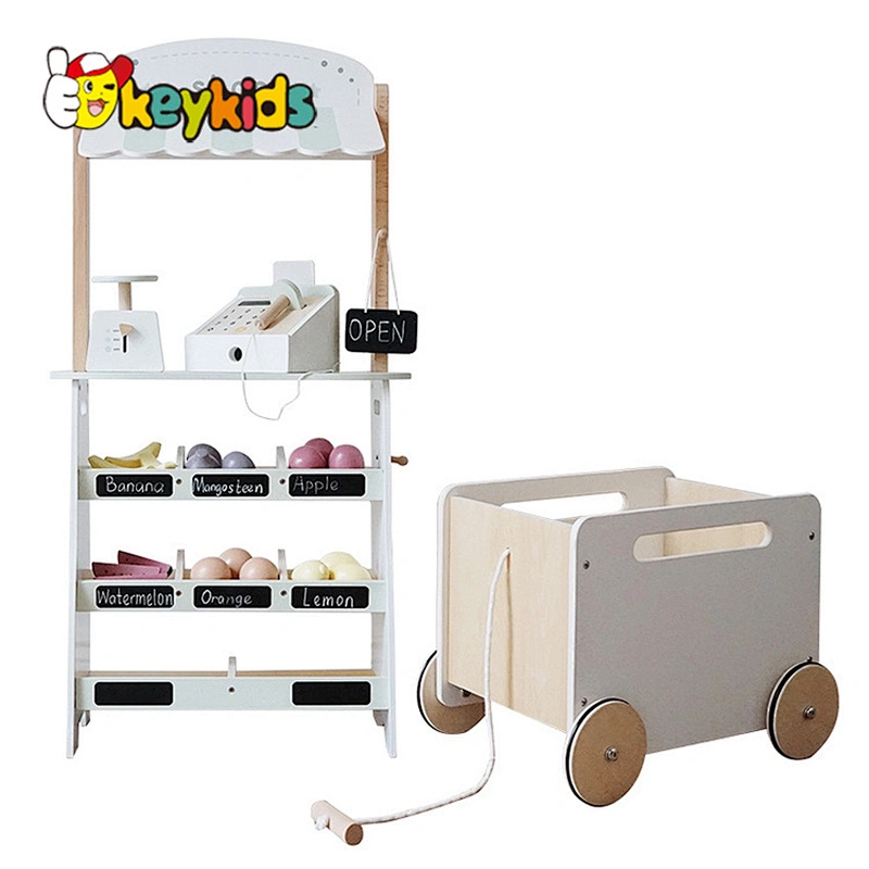 Hot selling children simulation paly supermarket wooden mini market toy with fruit W10A133