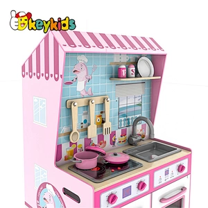 New design double sides wooden 2 in 1 dollhouse and kitchen toy for children pretend play W06A444