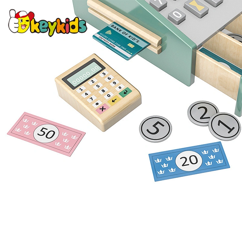 New design kids pretend play wooden toy cash register with scanner and receipt W10A129