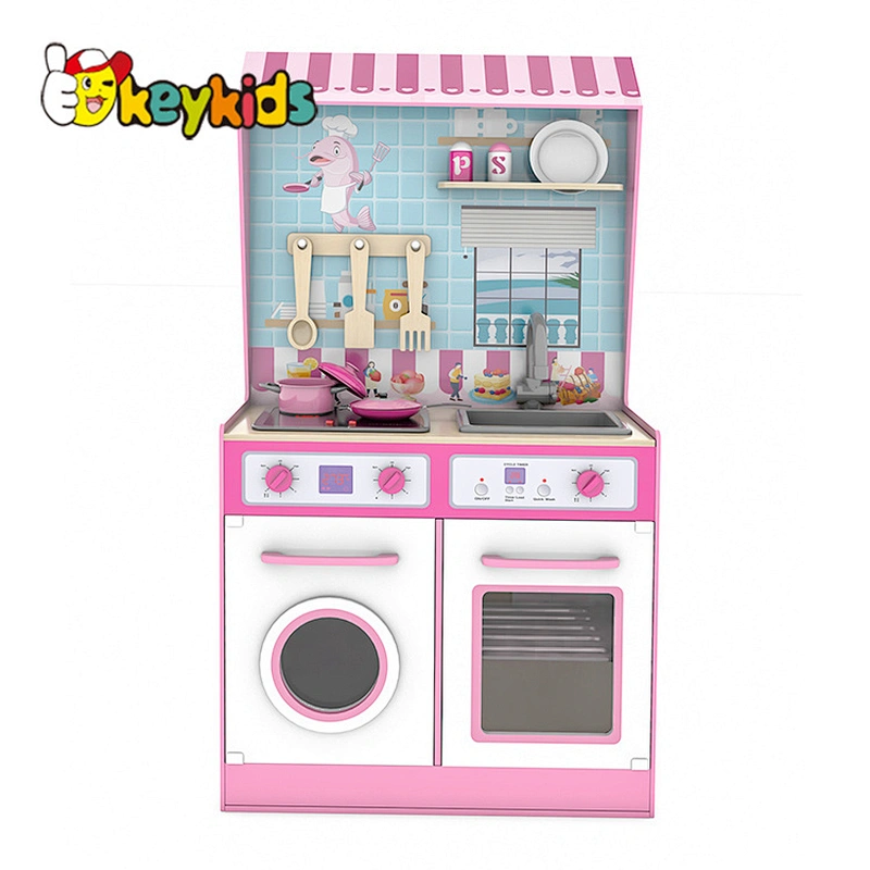 New design double sides wooden 2 in 1 dollhouse and kitchen toy for children pretend play W06A444