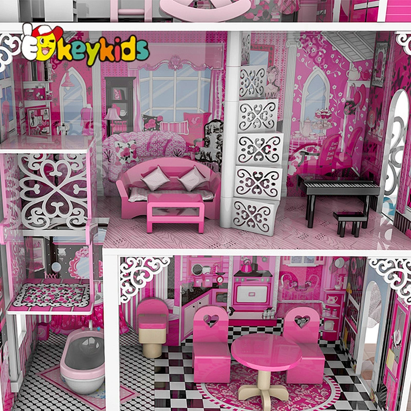Classic girls miniatures doll furniture LED wooden dollhouse with slide W06A442