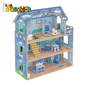 New Design Pretend Role Play Educational Toy Blue Kids Wooden Doll House W06A380G