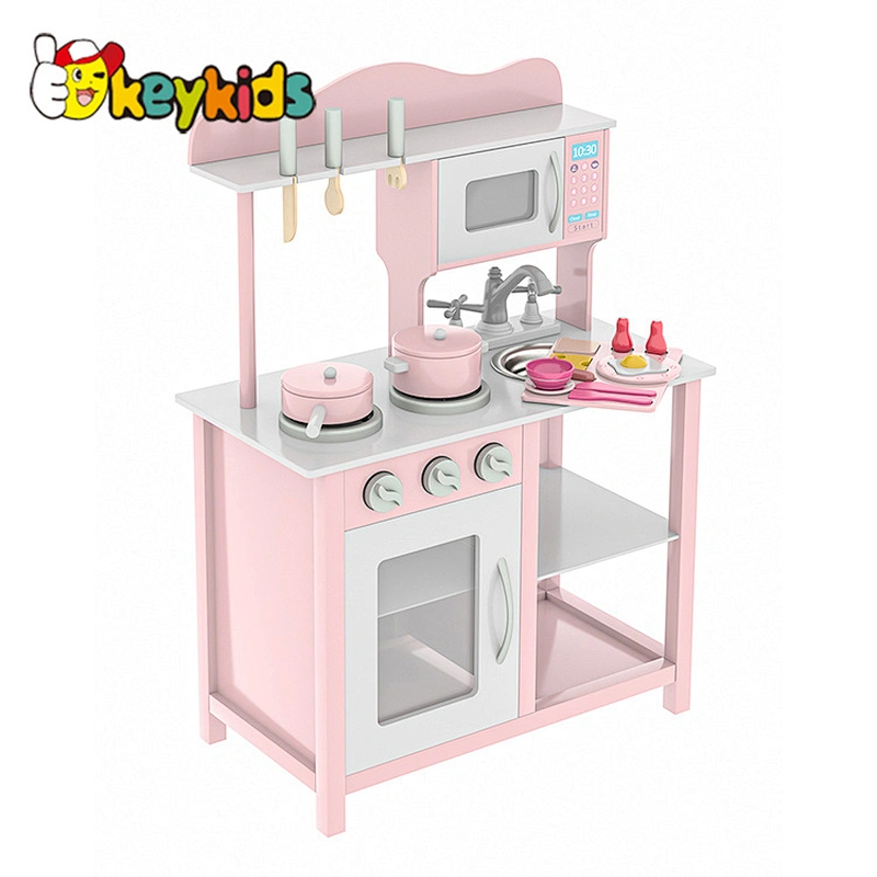 Hot Selling Custom Toddler Pretend Cooking Pretend Role Play Set Pink Wooden Kitchen Toys For Girls W10C404F