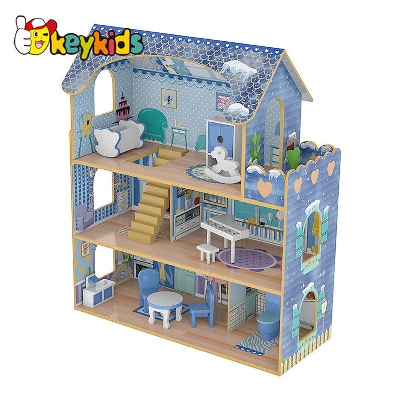 New Design Pretend Role Play Educational Toy Blue Kids Wooden Doll House W06A380G