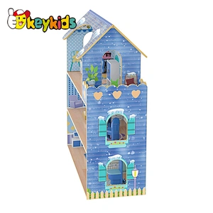 New Design Pretend Role Play Educational Toy Blue Kids Wooden Doll House W06A380G