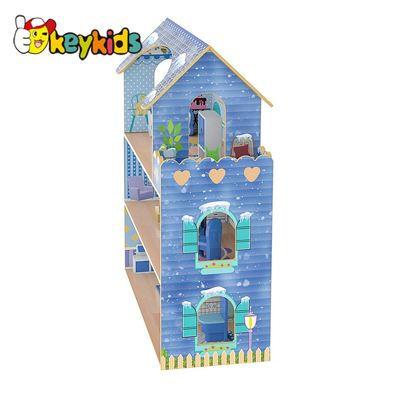 New Design Pretend Role Play Educational Toy Blue Kids Wooden Doll House W06A380G