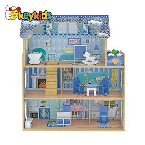 New Design Pretend Role Play Educational Toy Blue Kids Wooden Doll House W06A380G