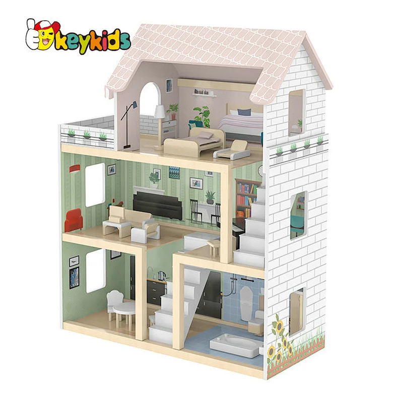 2022 New Pretend Role Play DIY Educational Toy Kids Wooden Doll House Villa With Doll Room W06A413E
