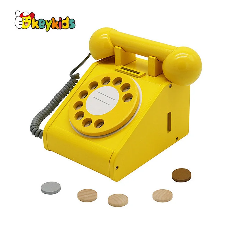Kids simulation toy wooden play telephone with piggy bannk W10D454