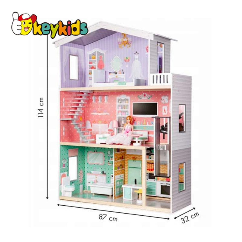 Customize girls wooden doll house set with lift W06A397
