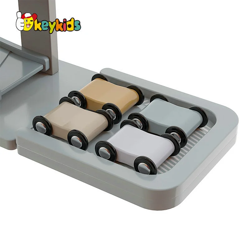 Customize educational kids wooden race track car ramp racer with 4 mini cars W04E432