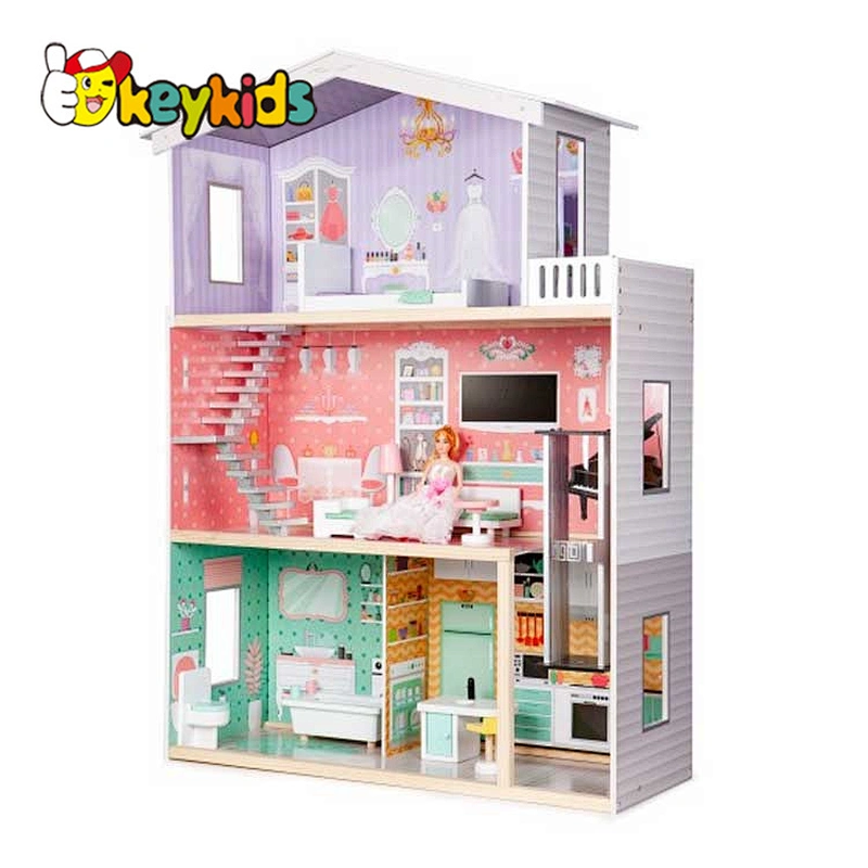 Customize girls wooden doll house set with lift W06A397