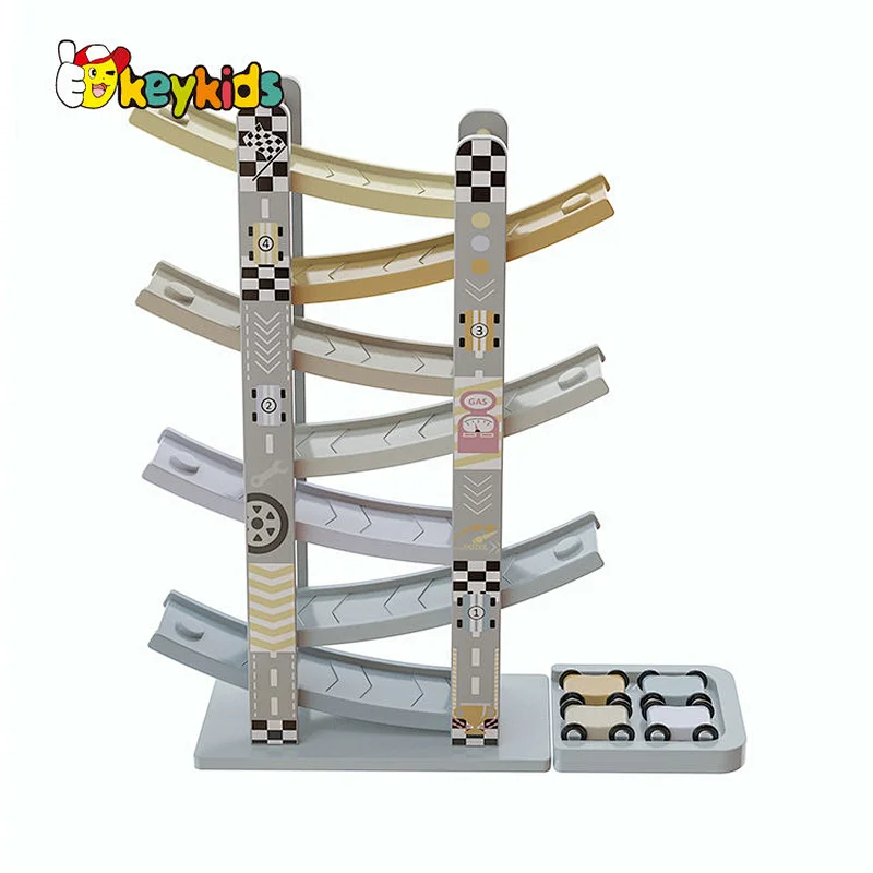 Customize educational kids wooden race track car ramp racer with 4 mini cars W04E432