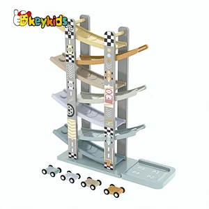 Customize educational kids wooden race track car ramp racer with 4 mini cars W04E432