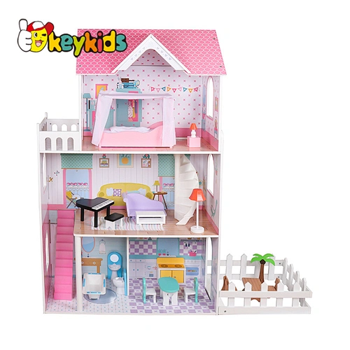 Factory stock girls pink wooden dollhouse with accessories W06A379