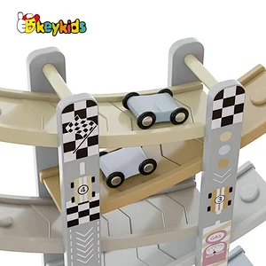 Customize educational kids wooden race track car ramp racer with 4 mini cars W04E432