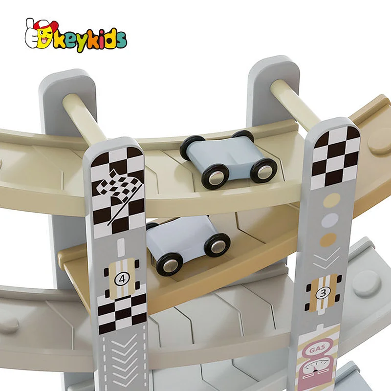 Customize educational kids wooden race track car ramp racer with 4 mini cars W04E432