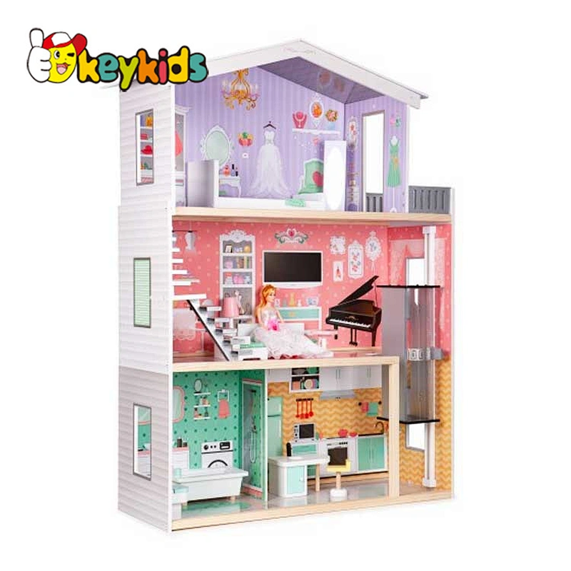 Customize girls wooden doll house set with lift W06A397