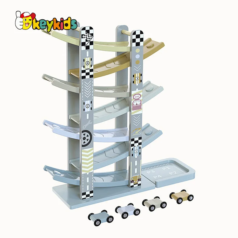 Customize educational kids wooden race track car ramp racer with 4 mini cars W04E432