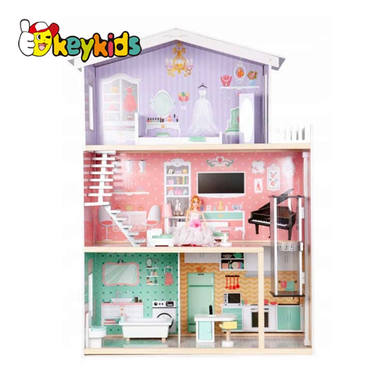 Customize girls wooden doll house set with lift W06A397