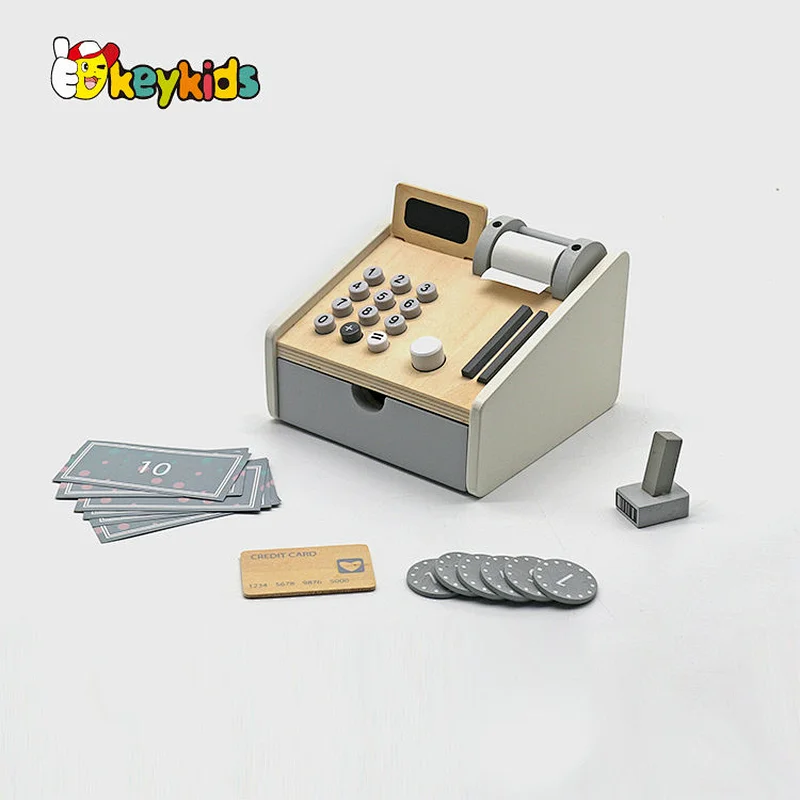 Children pretend play preschool home supermarket wooden play cash register with scanner W10A159