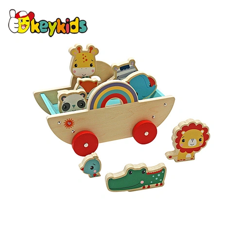 Educational Stacking Blocks Balancing Game Wooden Animal Pulling Cart For Kids W05C154